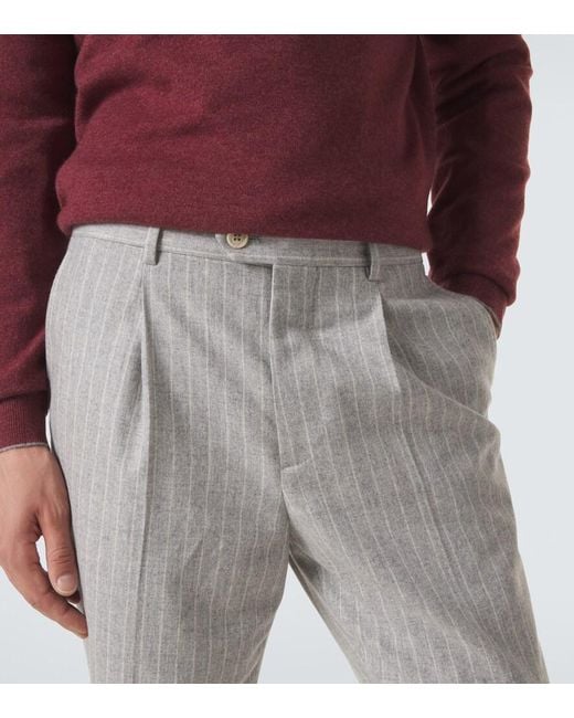 Brunello Cucinelli Gray Pinstripe Wool And Cashmere Tapered Pants for men