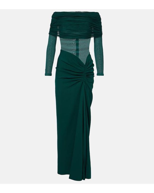 Christopher Esber Green Sonora Ruched Silk Tulle-Trimmed Maxi Dress