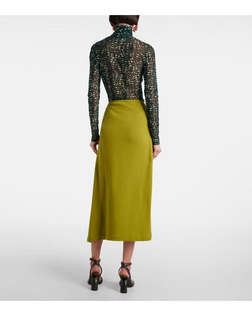 Dries Van Noten Green Gathered Cotton Midi Skirt