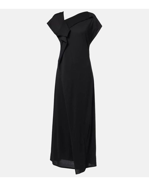 Plan C Black Asymmetric Draped Midi Dress