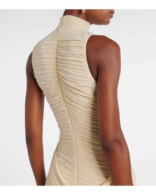 Magda Butrym Natural Floral-Applique Draped Ruched Gown