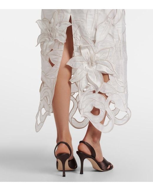 LEO LIN White Rayna Floral-Applique Linen-Blend Bustier Gown