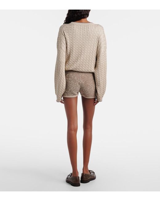 Brunello Cucinelli Natural Sequined Ribbed-Knit Cotton Shorts