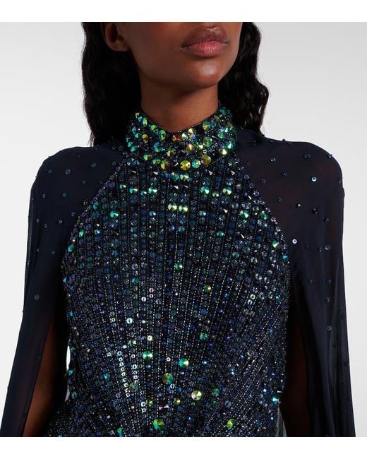 Jenny Packham Blue Thea Caped Sequined Gown