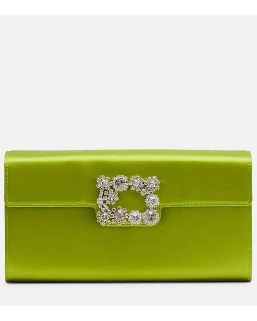 Roger Vivier Green Efflorescence Satin Clutch
