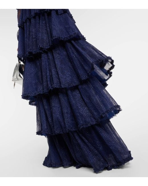 Costarellos Blue Frill-trimmed Tiered Lace Gown
