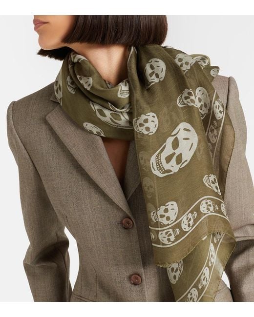 McQueen Green Printed Silk Scarf