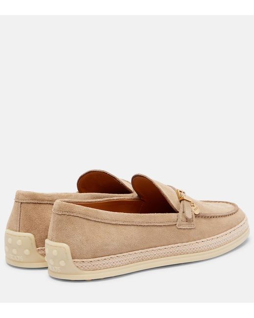 Tod's Natural Raffia-Trimmed Suede Loafers