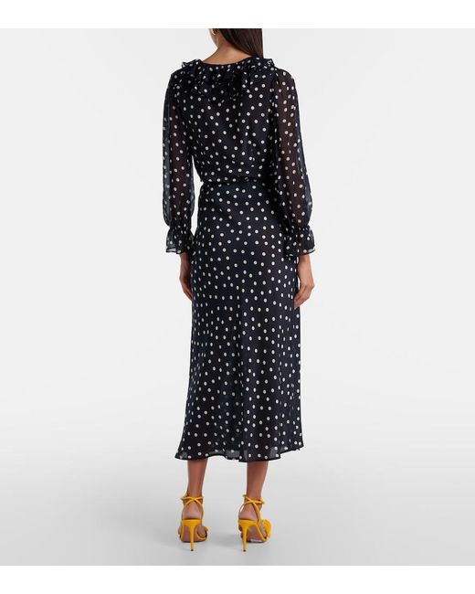 Rixo Blue Ardith Polka-Dot Silk Midi Skirt