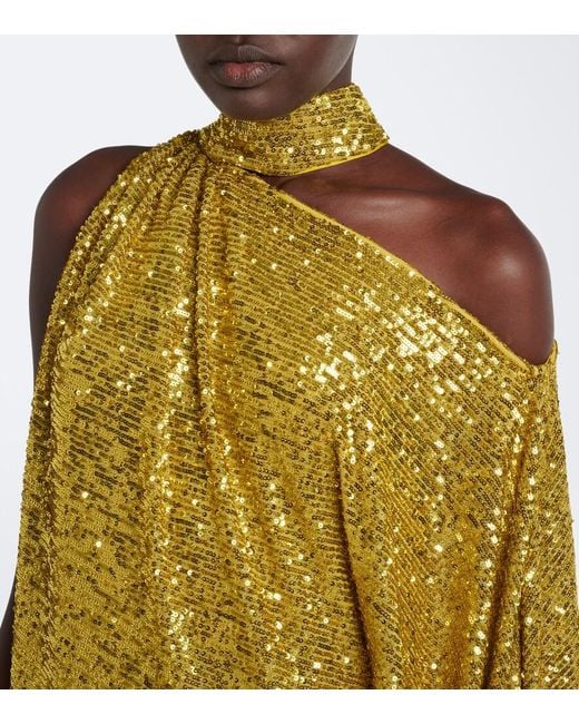 Taller Marmo Yellow Atlas Disco Sequined One-Shoulder Gown