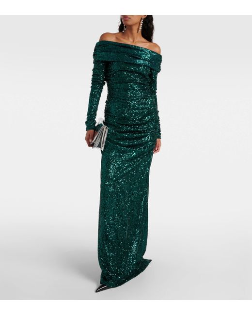 Dolce & Gabbana Green Off-shoulder Sequined Gown