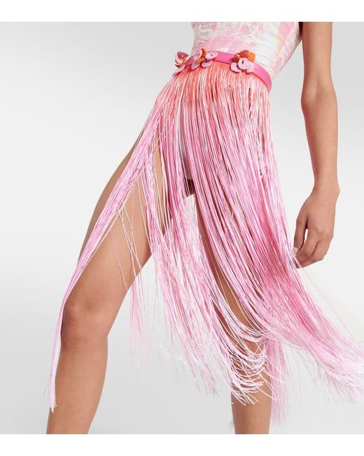 Roberta Einer Pink Ombre Leather-Trimmed Tassel Midi Skirt