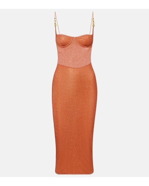 Oseree Orange Lumiere Open-Back Midi Dress