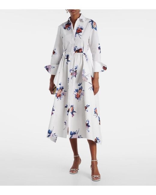 Erdem White Floral-Print Long-Sleeve Cotton-Poplin Midi Shirt Dress
