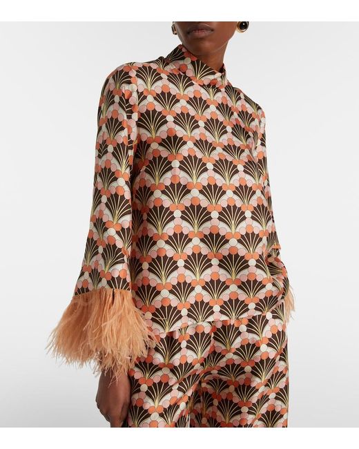 LaDoubleJ Brown Make An Exit Feather-Trimmed Silk Twill Top
