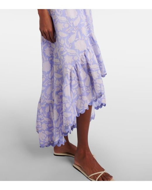 Juliet Dunn Blue Asymmetric Floral Cotton Midi Dress