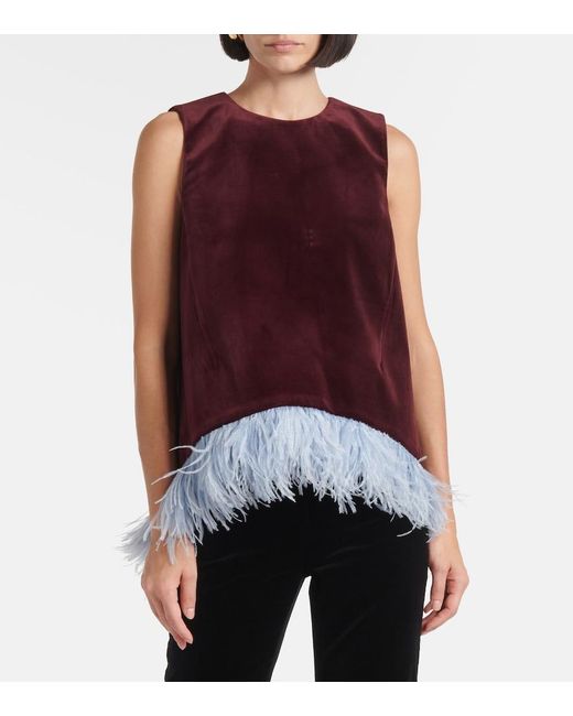 LaDoubleJ Red La Scala Feather-Trimmed Cotton Velvet Top