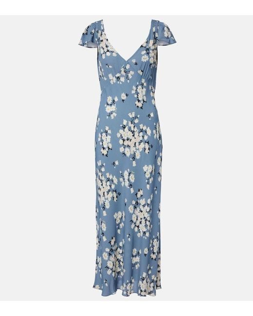 Rixo Blue Cathy Floral Crepe Midi Dress