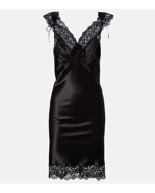 Vestido Lencero De Saten De Seda Con Encaje Saint Laurent de color Black