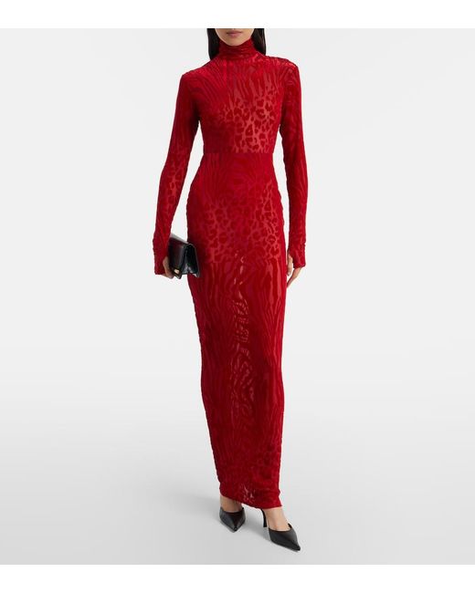 Alex Perry Red Printed Turtleneck Jersey Maxi Dress