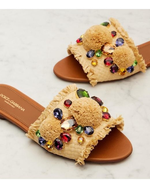 Dolce & Gabbana Brown Embellished Raffia-Effect Slides