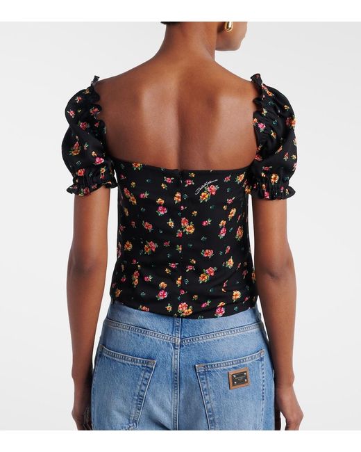 Dolce & Gabbana Black Floral Silk-Blend Charmeuse Top