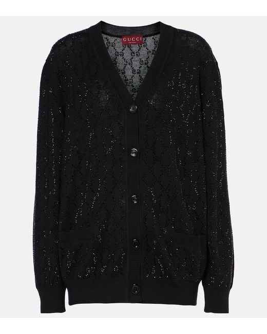 Gucci Black Gg Crystal Wool Cardigan