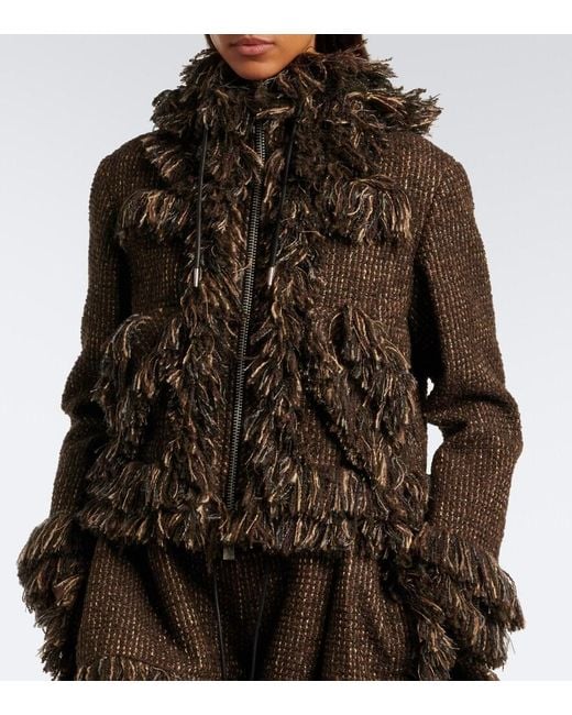 Sacai Black Fringed Wool-Blend Tweed Jacket