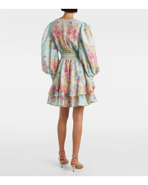 Vestido Corto De Lino Y Seda Floral Adornado Camilla de color Blue