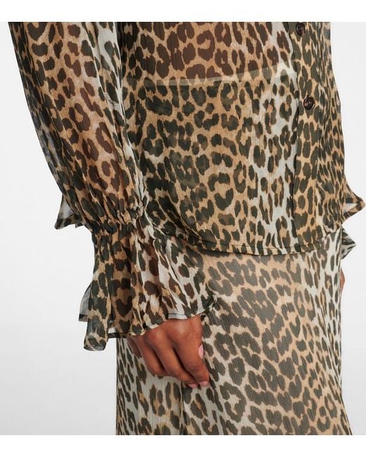 Ganni Brown Leopard-Print Tie-Neck Chiffon Blouse