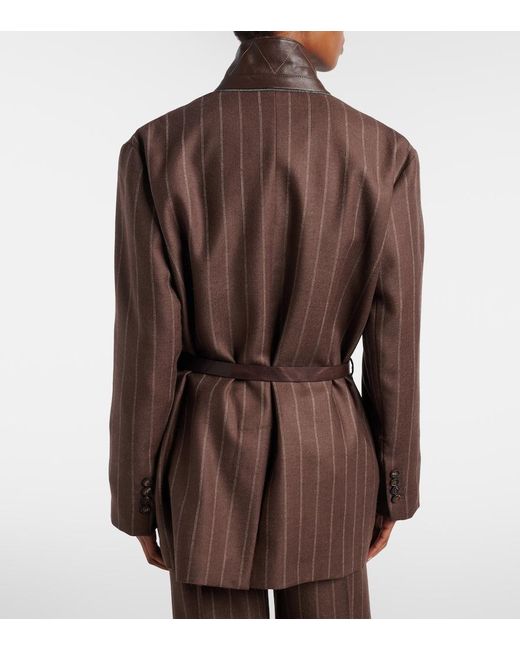 Brunello Cucinelli Brown Belted Pinstriped Virgin Wool Blazer