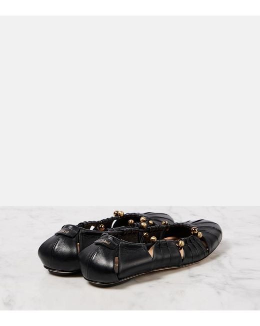 Chloé Black Luna Cut-Out Embellished Gathered Leather Ballet Flats