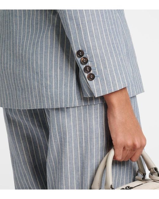 Brunello Cucinelli Blue Pinstripe Linen, Cotton, And Hemp Blazer