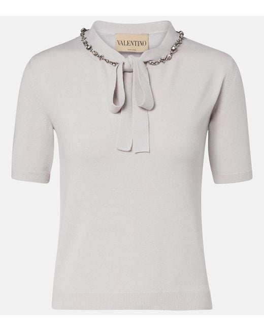 Valentino Gray Embellished Tie-Neck Virgin Wool Sweater