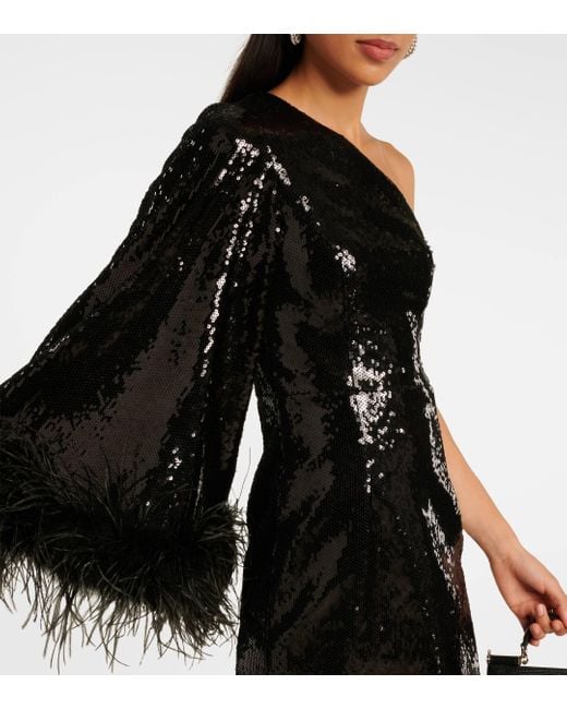 Robe Nika asymetrique a sequins et plumes Rebecca Vallance en coloris Black