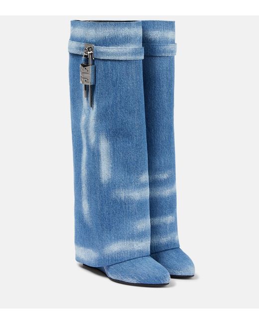 Givenchy Blue Shark Lock Denim Knee-high Boots