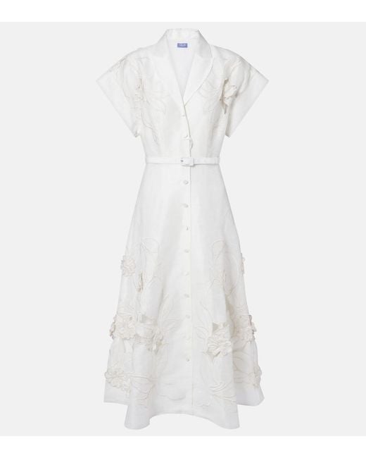 LEO LIN White Aubrey Floral-Applique Linen-Blend Shirt Dress