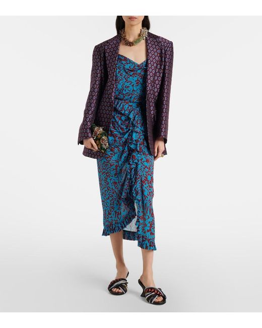 Dries Van Noten Blue Printed Draped Ruffled Midi Skirt