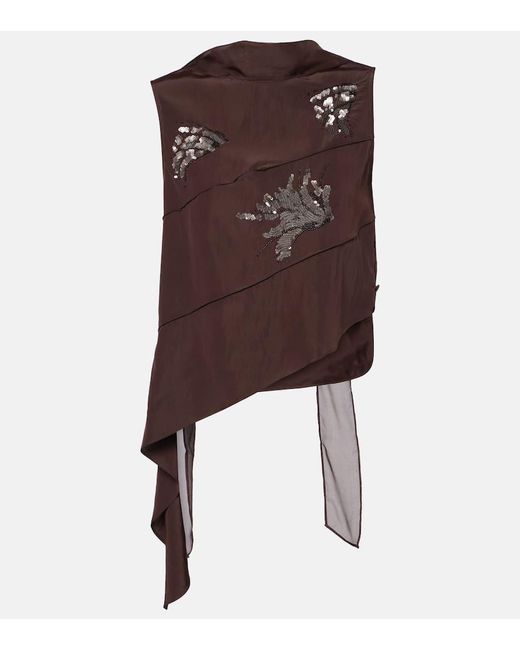 JACQUES WEI Brown Embellished Scarf-Detail Asymmetric Top
