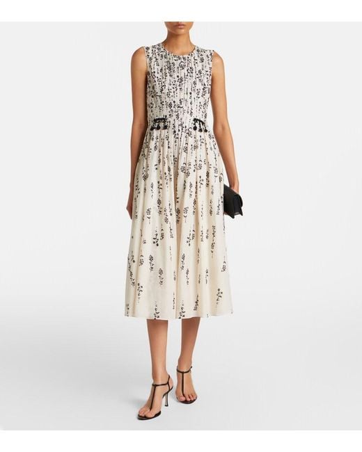 Max Mara Natural Embellished Floral Cotton Voile Midi Dress
