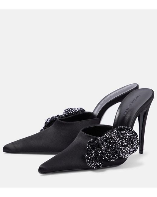 Magda Butrym Black Floral-Applique Embellished Satin Mules