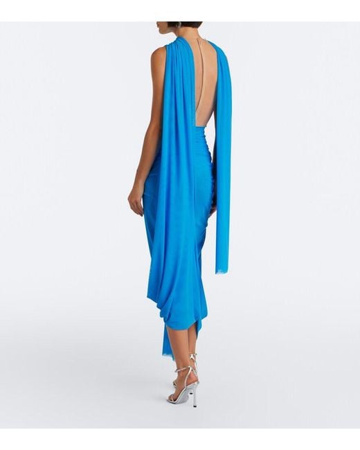 David Koma Blue Draped Embellished Tulle Midi Dress