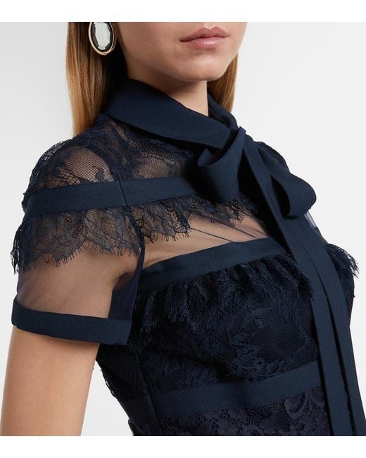 Elie Saab Blue Tie-Neck Lace Midi Dress