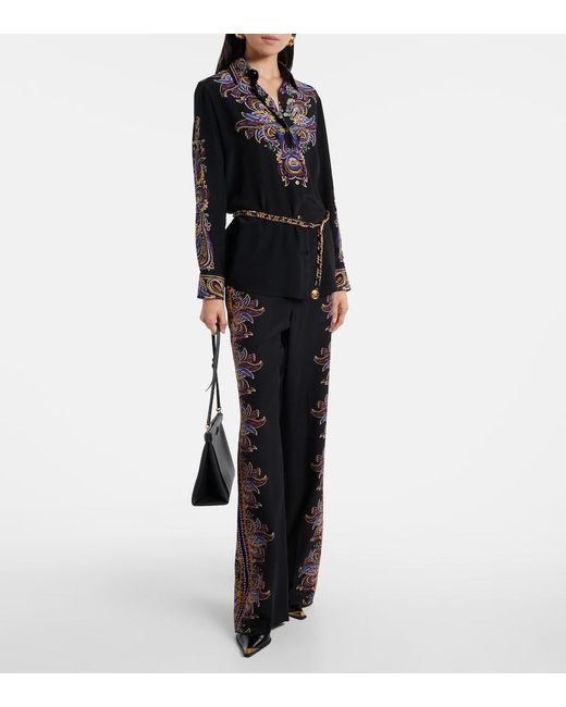 Etro Black Silk Shirt With Placed Paisley Foliage Print
