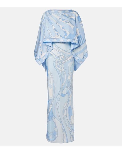 Emilio Pucci Blue Orchidee Soleil Silk Gown And Cape Set