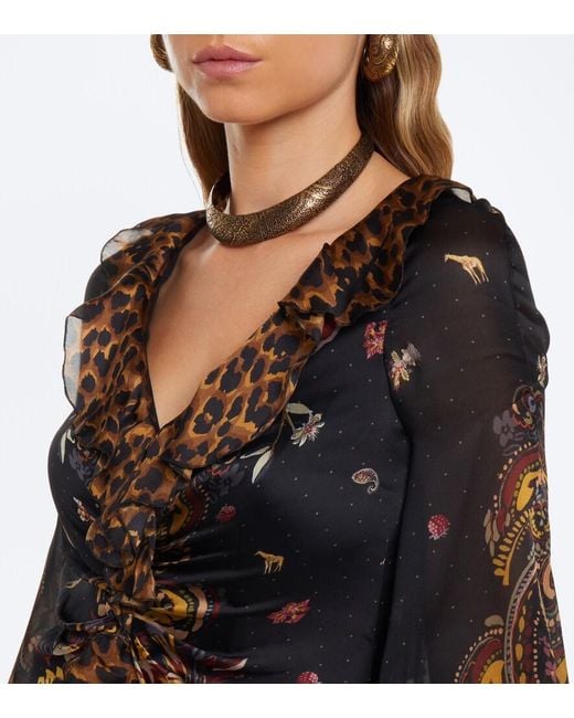Etro Black Printed Ruched Silk Maxi Dress