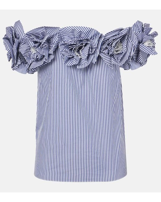 Carolina Herrera Blue Floral-Applique Striped Cotton Top