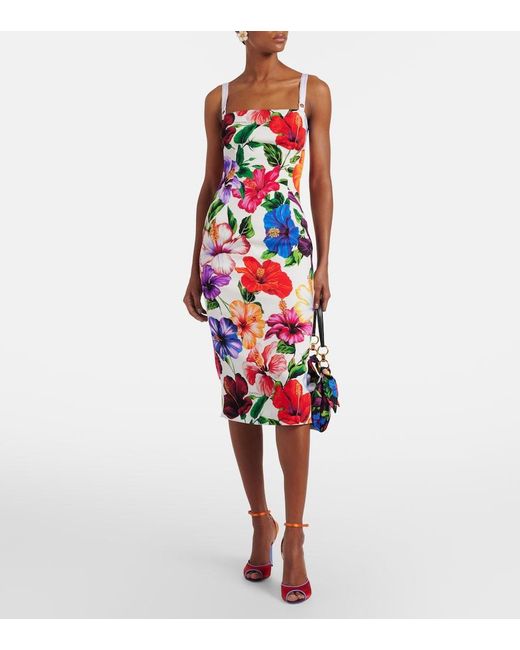 Dolce & Gabbana White Floral Silk-Blend Midi Dress