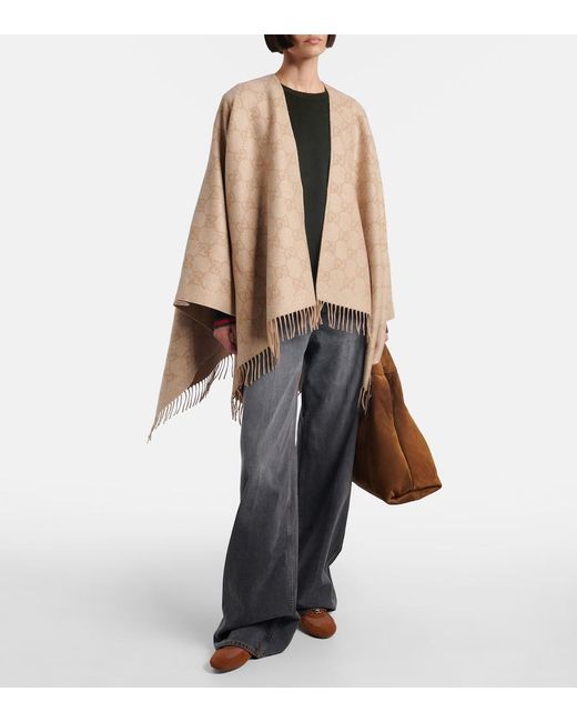 Gucci Natural Gg Fringed Cashmere-Blend Lame Cape