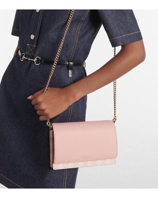 Gucci Pink Gg Emblem Leather-Trimmed Wallet On Chain